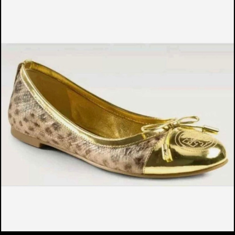 TORY BURCH "VERBENA" SNAKESKIN W/GOLD CAPTOE, 9